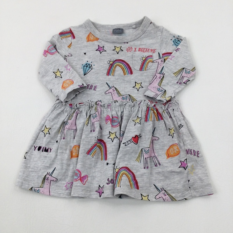 '#I Believe' Unicorns & Rainbows Grey Jersey Dress - Girls 3-6 Months