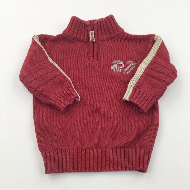 '07' Red & Beige Knitted Jumper - Boys 9-12 Months